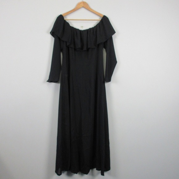 Vtg Dress 12 Black Maxi Off Shoulder Ruffle Layered Button Whimsigoth Gothic 338 - Picture 2 of 10